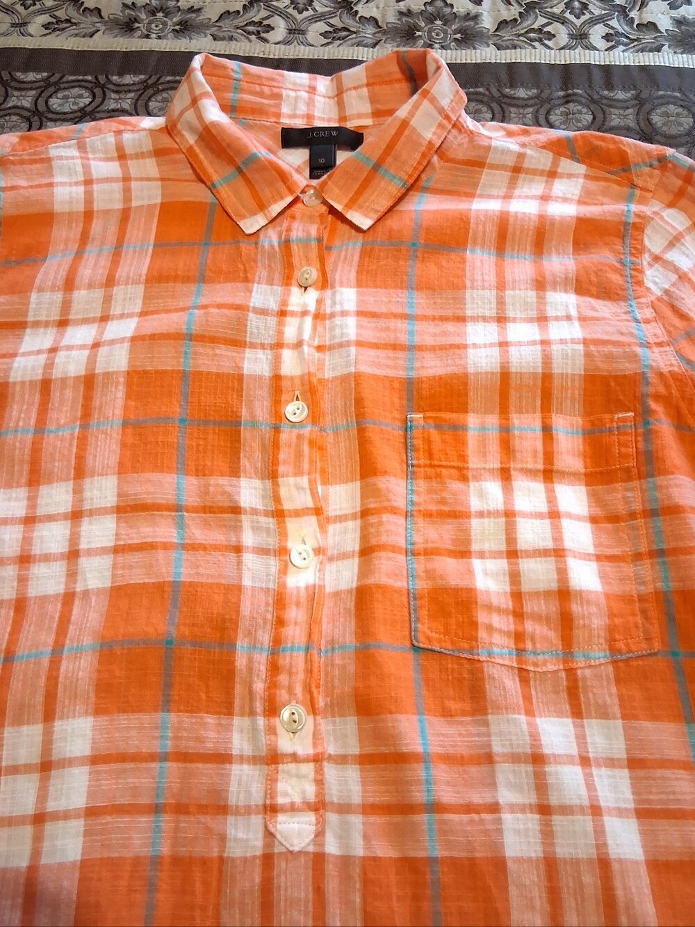 J. Crew Women Long Sleeve Top Tunic Sz10 Orange/White Plaid Pocket - Picture 3 of 11
